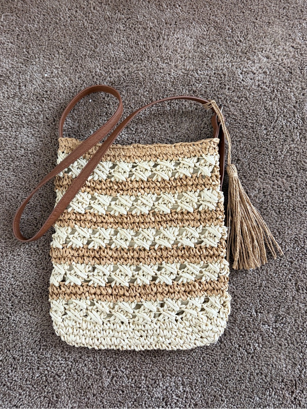 Woven Straw Crossbody Bag with Tassel in Natural and Tan